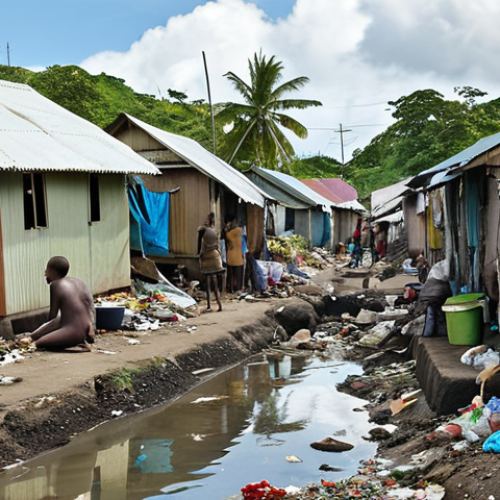 **

A densely packed slum in Honiara, Solomon Islands. Overcrowded makeshift homes constructed from scrap materials. Children playing amidst the squalor. Open sewers and trash visible. The atmosphere is one of poverty and hardship due to urbanization and lack of affordable housing.

**