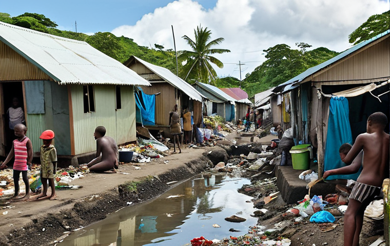 **

A densely packed slum in Honiara, Solomon Islands. Overcrowded makeshift homes constructed from scrap materials. Children playing amidst the squalor. Open sewers and trash visible. The atmosphere is one of poverty and hardship due to urbanization and lack of affordable housing.

**