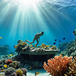 An underwater scene in the Solomon Islands featuring a World War II shipwreck, now transformed into a vibrant coral reef teeming with colorful tropical fish. Sunlight streams through the clear, turquoise water, illuminating a diver observing the historical remnants peacefully intertwined with thriving marine life.