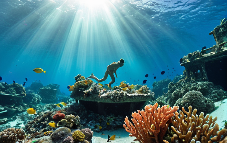 An underwater scene in the Solomon Islands featuring a World War II shipwreck, now transformed into a vibrant coral reef teeming with colorful tropical fish. Sunlight streams through the clear, turquoise water, illuminating a diver observing the historical remnants peacefully intertwined with thriving marine life.