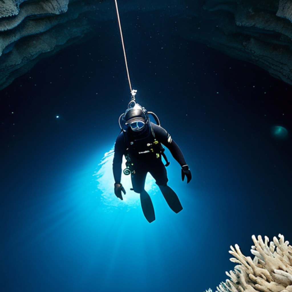 A professional male diver in a modest, black technical diving suit, gracefully suspended in the majestic depths of a Solomon Islands blue hole. Shafts of ethereal blue light pierce the dark water from above, illuminating ancient, grand limestone formations and submerged stalactites that fade into the mysterious gloom below. The scene captures the tranquility and awe of deep-sea exploration. Professional photography, high detail, perfect anatomy, correct proportions, natural pose, well-formed hands, proper finger count, natural body proportions, safe for work, appropriate content, fully clothed, modest, family-friendly.