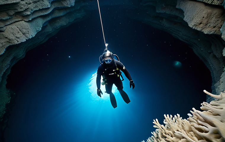 A professional male diver in a modest, black technical diving suit, gracefully suspended in the majestic depths of a Solomon Islands blue hole. Shafts of ethereal blue light pierce the dark water from above, illuminating ancient, grand limestone formations and submerged stalactites that fade into the mysterious gloom below. The scene captures the tranquility and awe of deep-sea exploration. Professional photography, high detail, perfect anatomy, correct proportions, natural pose, well-formed hands, proper finger count, natural body proportions, safe for work, appropriate content, fully clothed, modest, family-friendly.