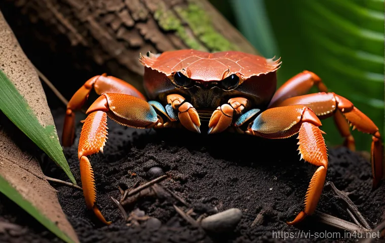 솔로몬 제도 코코넛 크랩 - **Prompt:** A dynamic close-up of a powerful coconut crab (Birgus latro) in action, expertly crackin...
