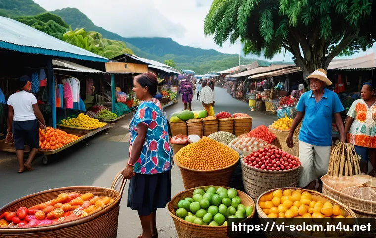 솔로몬 제도 주요 민족 - **Prompt:** A vibrant marketplace scene in Honiara, Solomon Islands. Focus on the diverse faces of t...