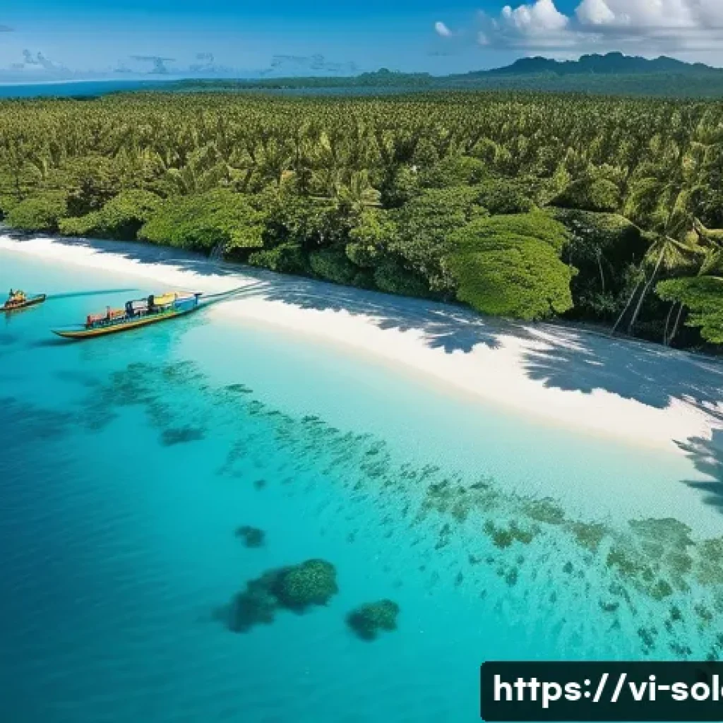 솔로몬 제도 여행 경비 - A breathtaking aerial view of a pristine, untouched beach in the Solomon Islands, with vibrant turqu...