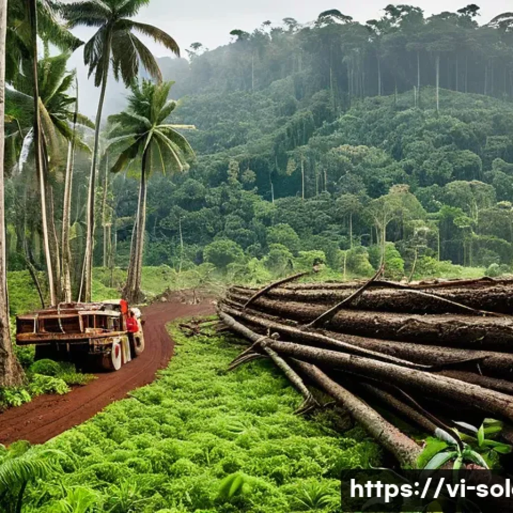 솔로몬 제도 삼림 벌채 문제 - A detailed scene depicting uncontrolled commercial logging in the Solomon Islands: a dense tropical ...