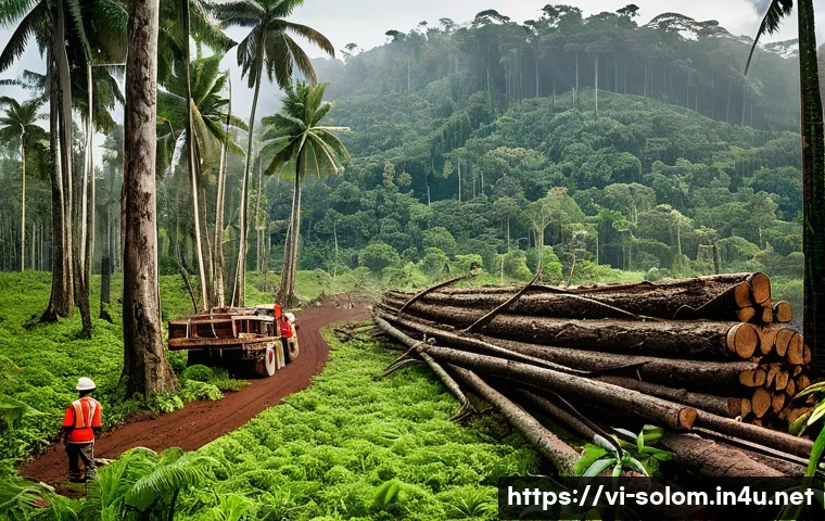 솔로몬 제도 삼림 벌채 문제 - A detailed scene depicting uncontrolled commercial logging in the Solomon Islands: a dense tropical ...
