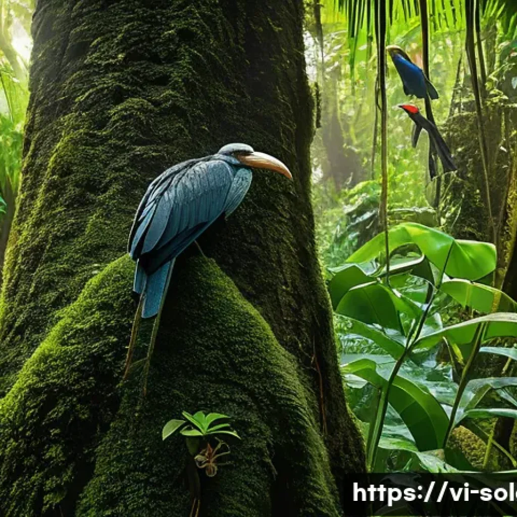솔로몬 제도 희귀 동식물 - A vibrant tropical rainforest scene on the Solomon Islands featuring towering endemic ancient trees ...