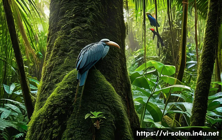 솔로몬 제도 희귀 동식물 - A vibrant tropical rainforest scene on the Solomon Islands featuring towering endemic ancient trees ...