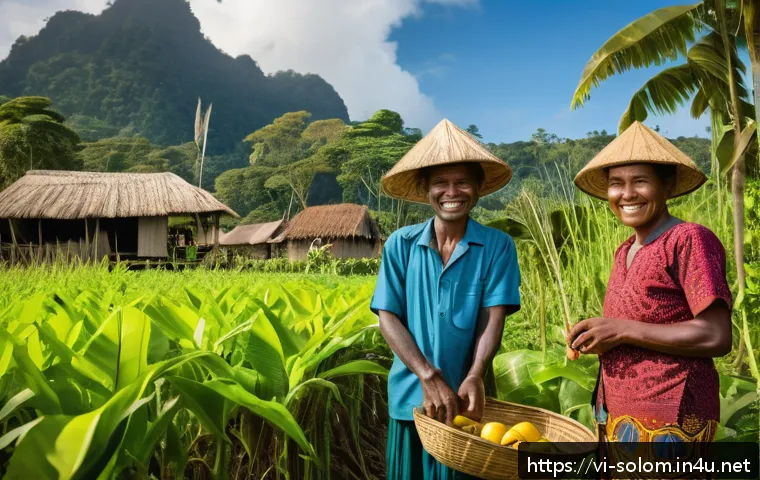 솔로몬 제도 UN 지원 사업 - A vibrant rural Solomon Islands village scene showcasing local farmers using modern agricultural too...