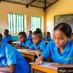 Home 23 솔로몬 제도 교육 시스템 - A vibrant classroom scene in a rural Solomon Islands school, showing young children wearing colorful...