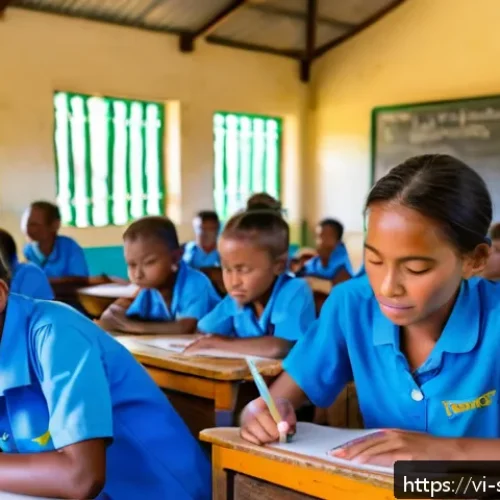 Home 17 솔로몬 제도 교육 시스템 - A vibrant classroom scene in a rural Solomon Islands school, showing young children wearing colorful...