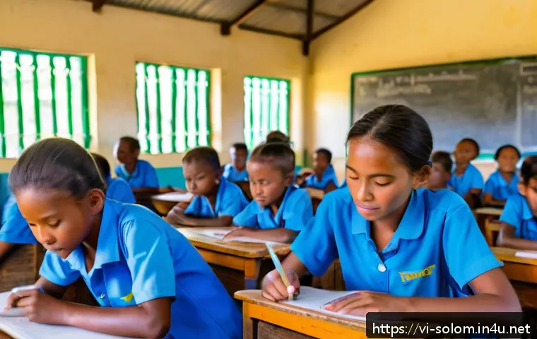솔로몬 제도 교육 시스템 - A vibrant classroom scene in a rural Solomon Islands school, showing young children wearing colorful...